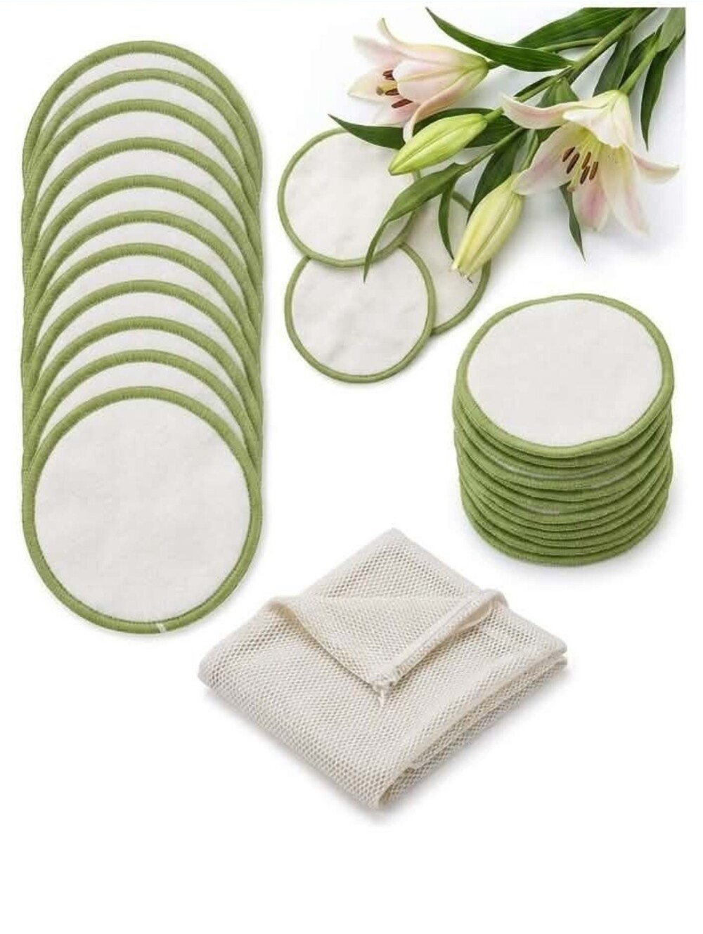Reusable Green Cotton Facial Rounds - Pack Of 20 Pads with Mesh Wash Bag